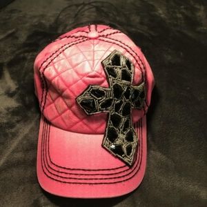 Women's Pink Quilted Baseball Cap with Decorative Cross